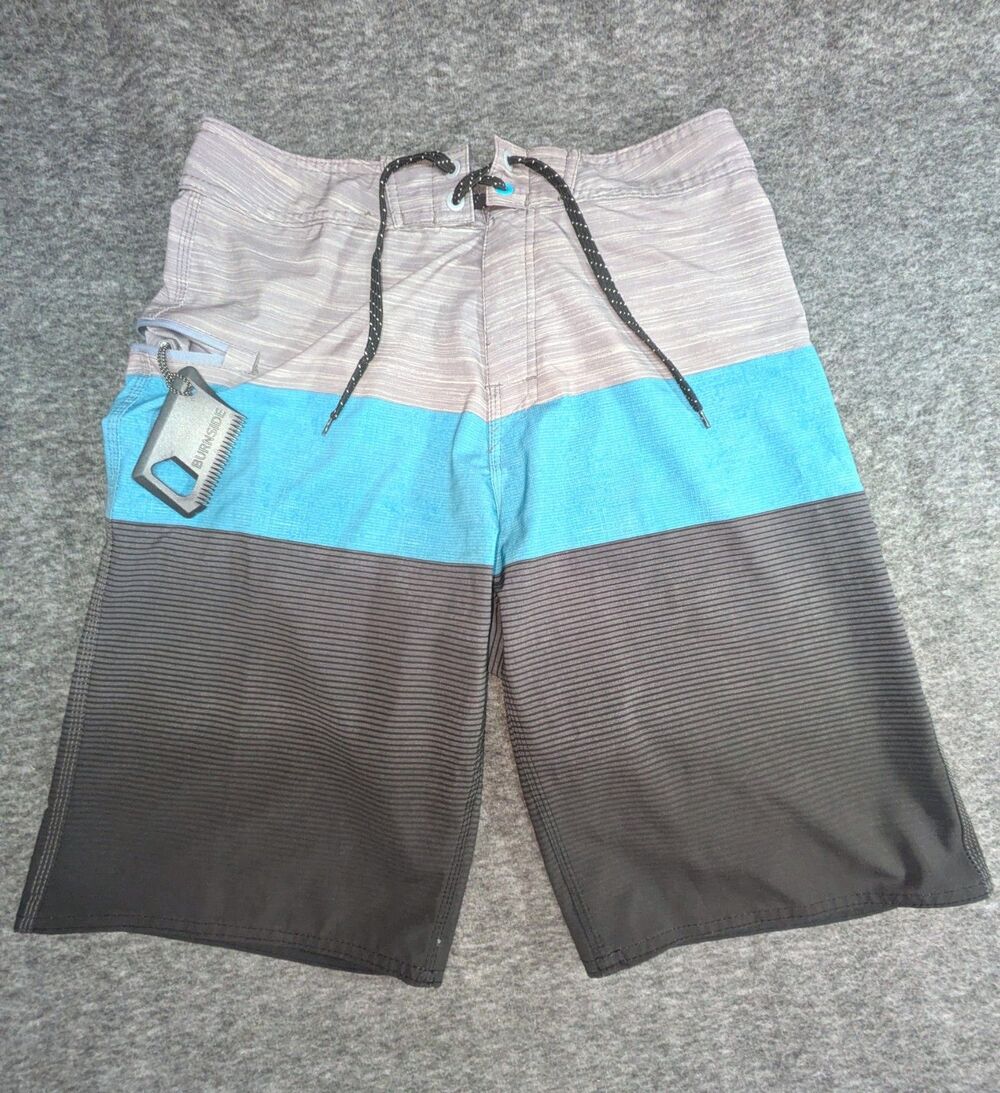 Burnside Board Shorts Men 30 Blue Gray Striped Surf Swim Trunks